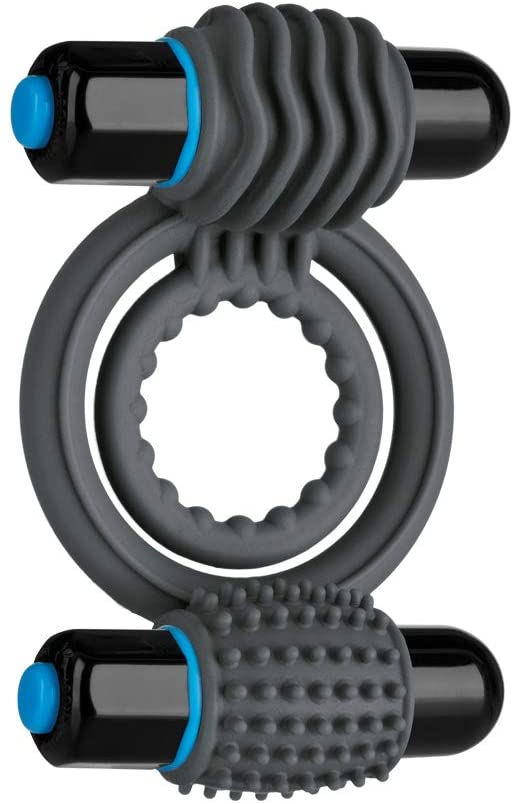 Doc Johnson OptiMALE - Vibrating Double C-Ring - Two Rings, one for shaft, one for testicles - Stretchable Silicone - 2 Powerful and Removable 10 Function Bullets - Slate