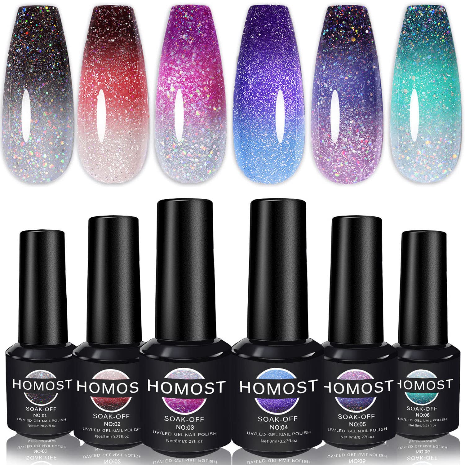 HOMOST Color Changing Reflective Glitter Diamond Gel Nail Polish Set, 6 Colors Glitter Gel Polish Reflective Pink Purple Blue Nail Polish Kit