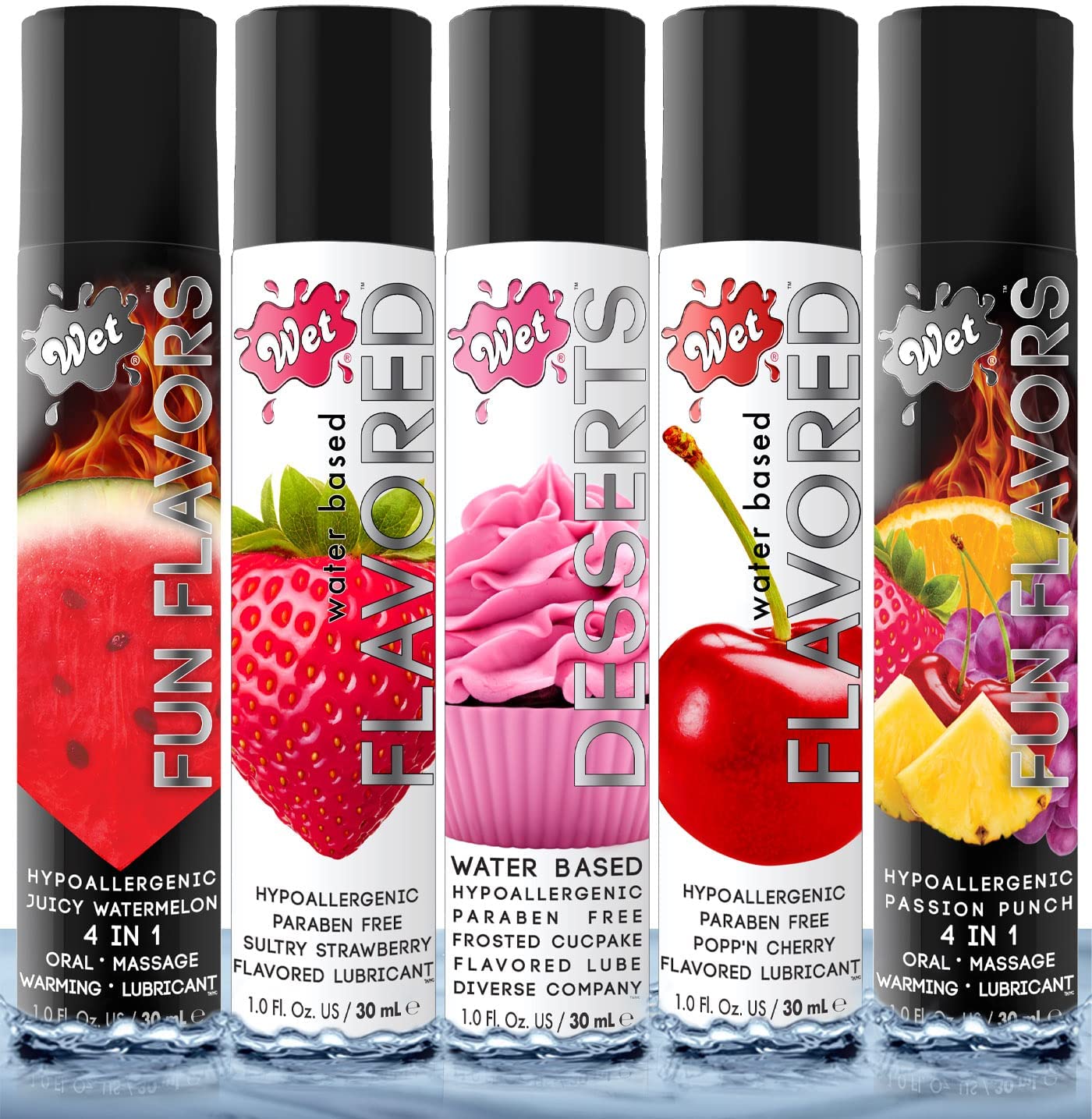 Wet Flavored Sultry Fun Edible Lube, 5 Sample Pack (1.0 Oz each) Premium Personal Lubricant, Men, Women & Couples, Ideal for Foreplay, Paraben Free, Gluten Free, Stain Free, Sugar Free, Hypoallergenic