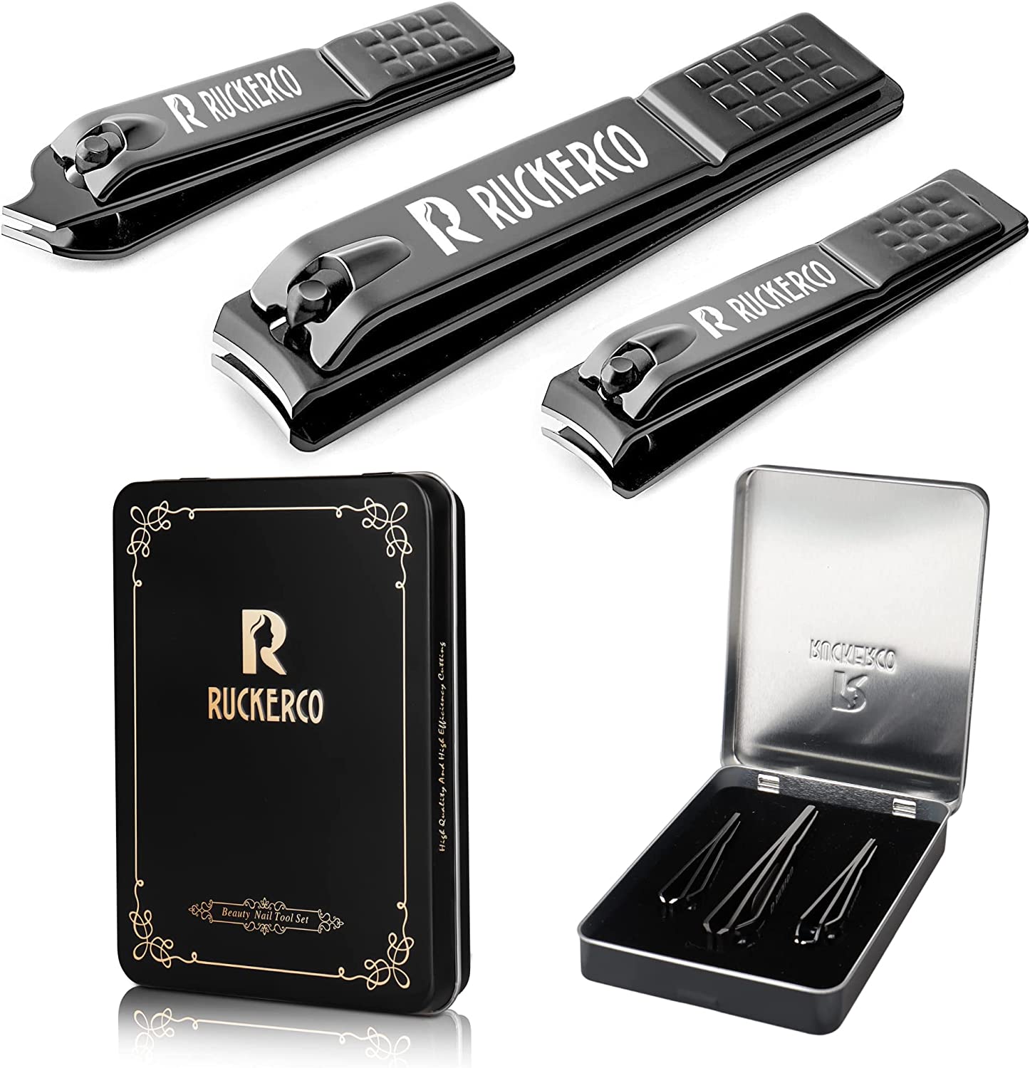 Nail Clippers Set Matte Stainless Steel 3 pcs fingernail Clippers &Slant EDG Toenail Clipper Cutter Metal Case .The Best Gift Nail Clippers for Men and Women (Black)