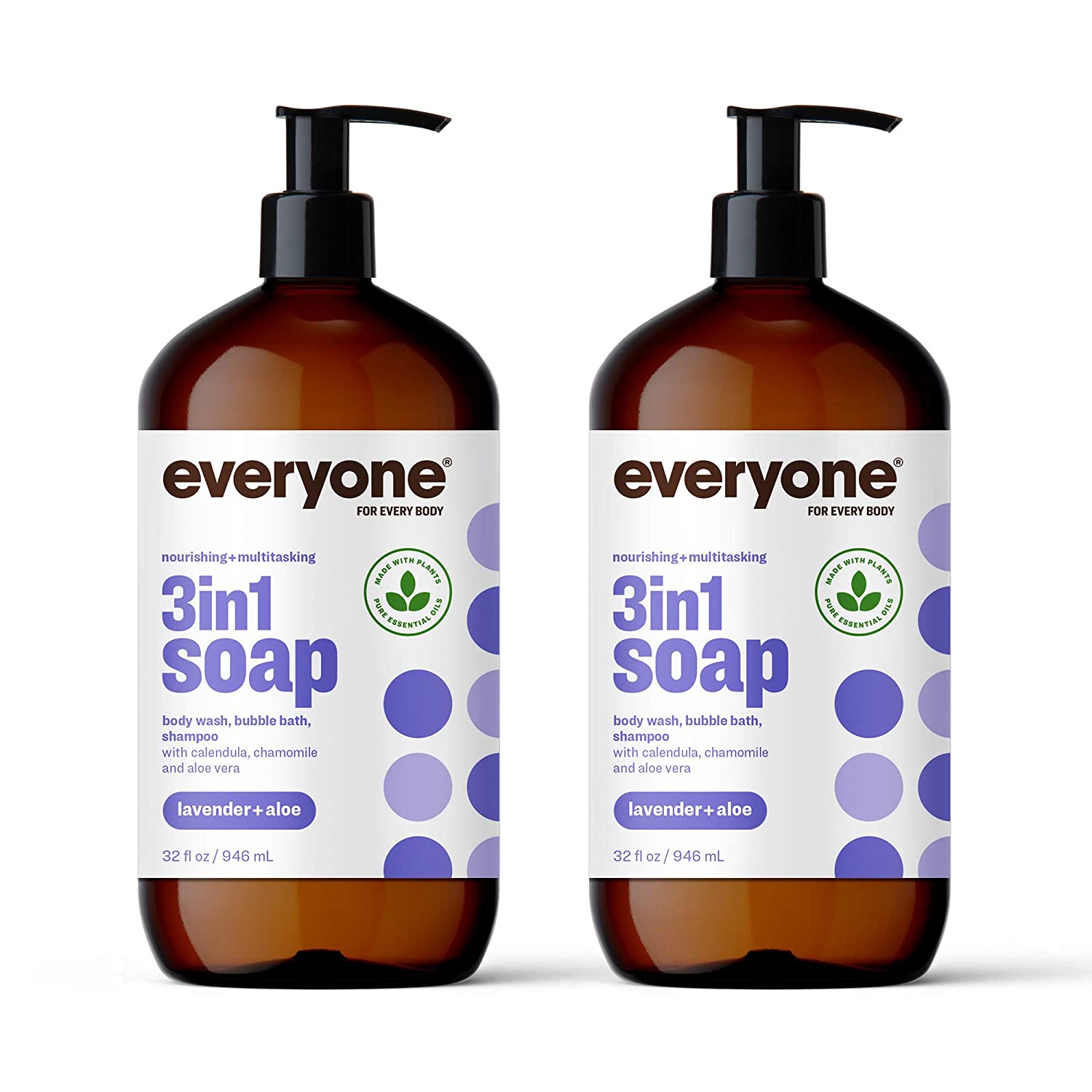 Everyone 3-in-1 Soap, Body Wash, Bubble Bath, Shampoo, 32 Ounce (Pack of 2), Lavender and Aloe, Coconut Cleanser with Organic Plant Extracts and Pure Essential Oils (Packaging May Vary)