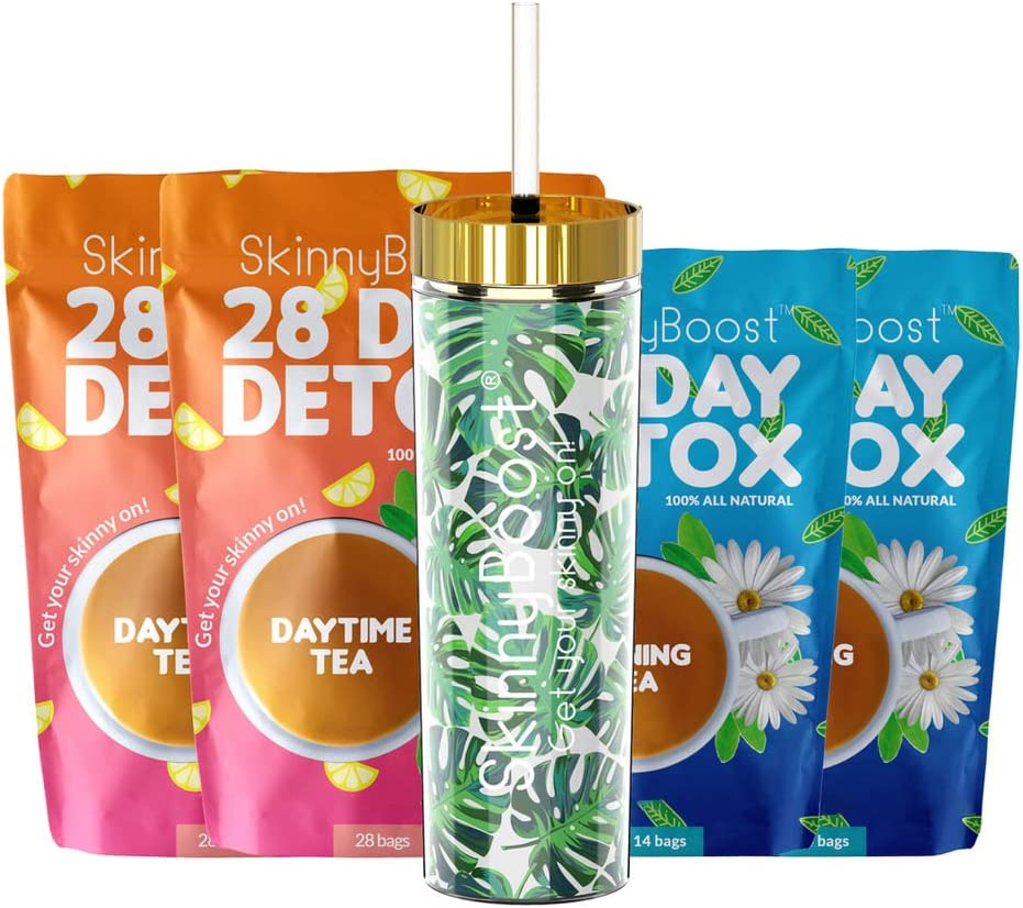Skinny Boost Tea Kit-2 Pack-2 Plus Free Palm Leaf Tumbler- 2 Daytime Teas (28 Bags/Pouch) 2 Evening Detox Teas (14 Bags/Pouch) Non GMO, Vegan, All Natural Detox and Cleanse