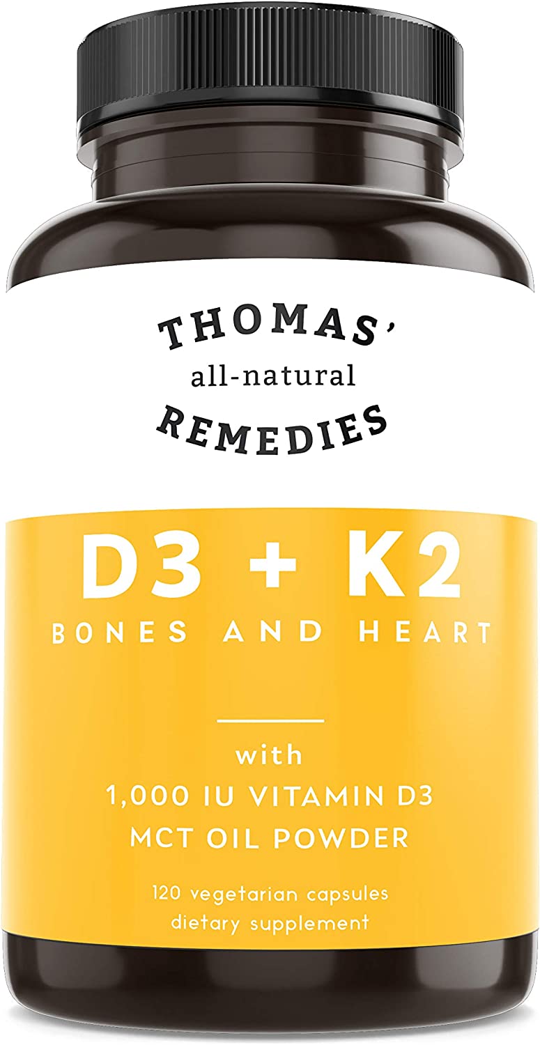Thomas' all-natural Remedies D3 + K2 with MCT Oil for Better Absorption - 1000 IU D3 - Vegan - Made in USA - Support for Your Heart, Bones & Teeth - Non-GMO - 120ct