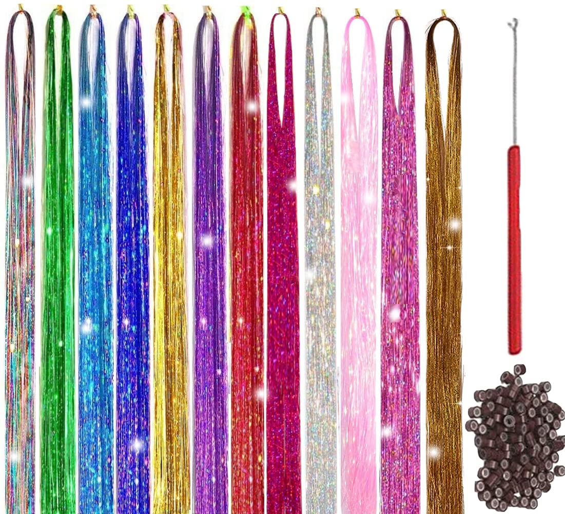 Hair Tinsel Kit With Tool 4200 strands Tinsel Hair Extensions 12 Colors Fairy Hair Tinsel, Sparkling Shiny Hair Tinsel Heat Resistant Highlights Glitter Tinsel Hair Extensions( 48 Inch )