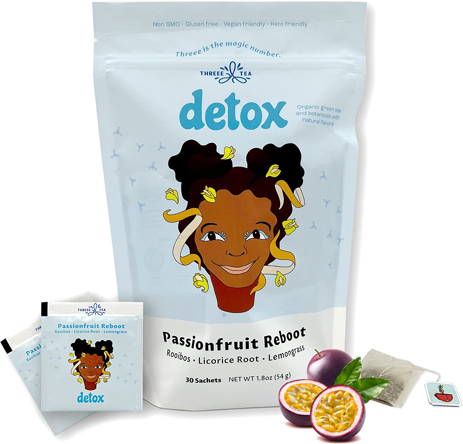 THREEE Detox Tea for Body Cleanse, Supports Liver Health, Radiant Skin, Boosts Energy, All Natural, Non GMO, Vegan, Keto Friendly Passionfruit Flavored Tea Detox, 30 Tea Bags