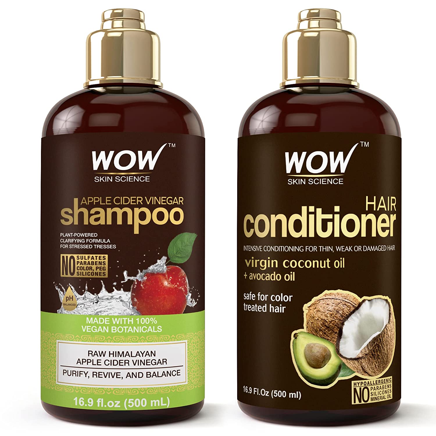 WOW Apple Cider Vinegar Shampoo & Hair Conditioner Set - (2 x 16.9 Fl Oz / 500mL) - Increase Gloss, Hydration, Shine - Reduce Itchy Scalp, Dandruff & Frizz - No Parabens or Sulfates - All Hair Types