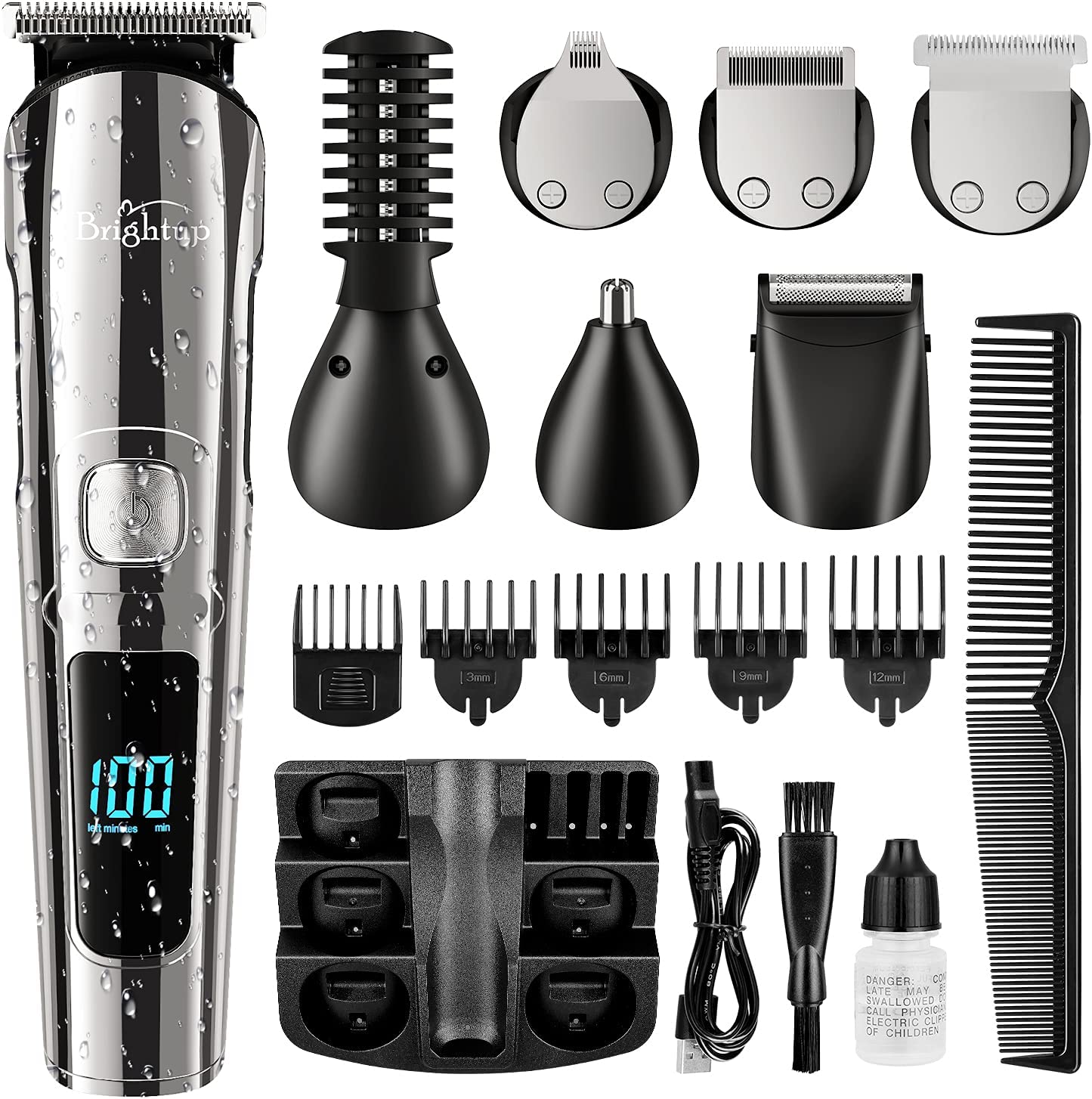 Brightup Beard Trimmer for Men, Cordless Hair Clippers Hair Trimmer, Waterproof Mustache Body Nose Ear Facial Cutting Shaver, Electric Razor All in 1 Grooming Kit, USB Rechargeable & LED Display