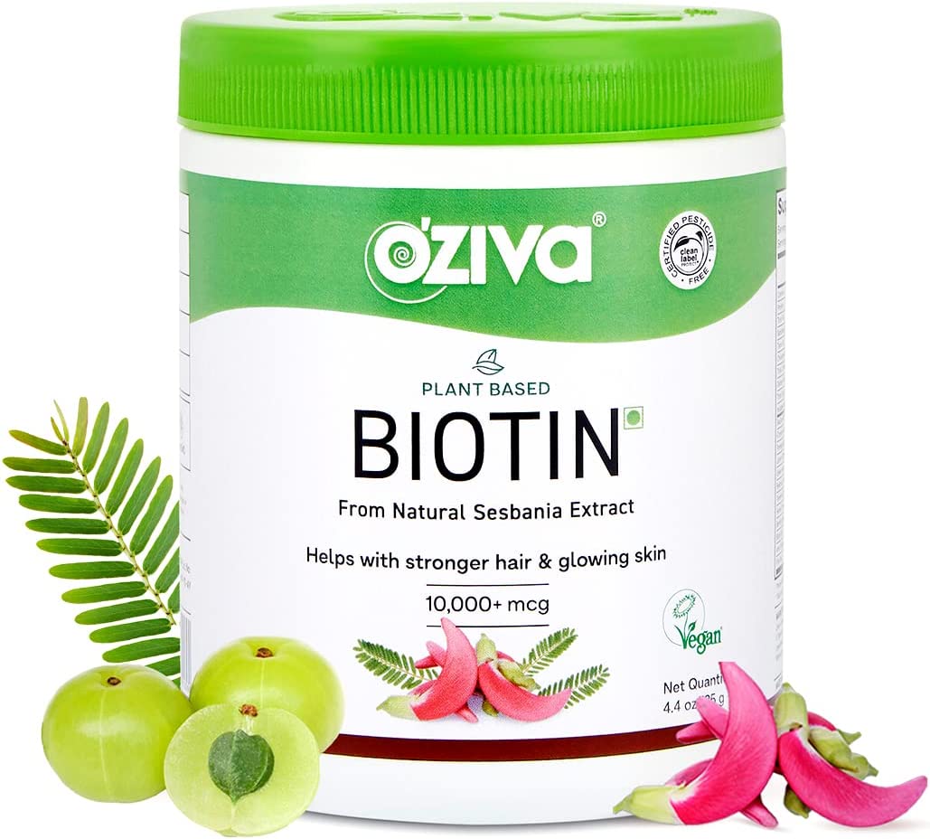 OZiva Plant Based Biotin for Hair Growth| Biotin Powder for Hair Follicle Stimulation & Healthier Texture, Skin, Nails & Body (with Silica, Sesbania Agati), Certified Clean & Vegan, 125g